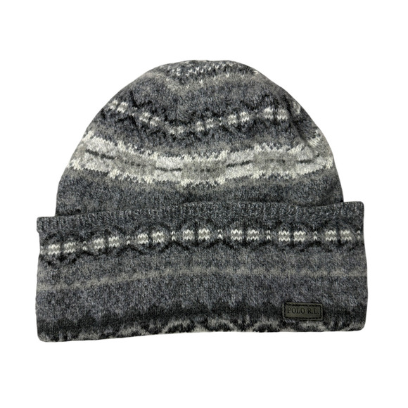 Polo Ralph Lauren Fair Isle Beanie Hat Grey Knit Outdoors Wool Blend Ski Classic - Picture 1 of 6